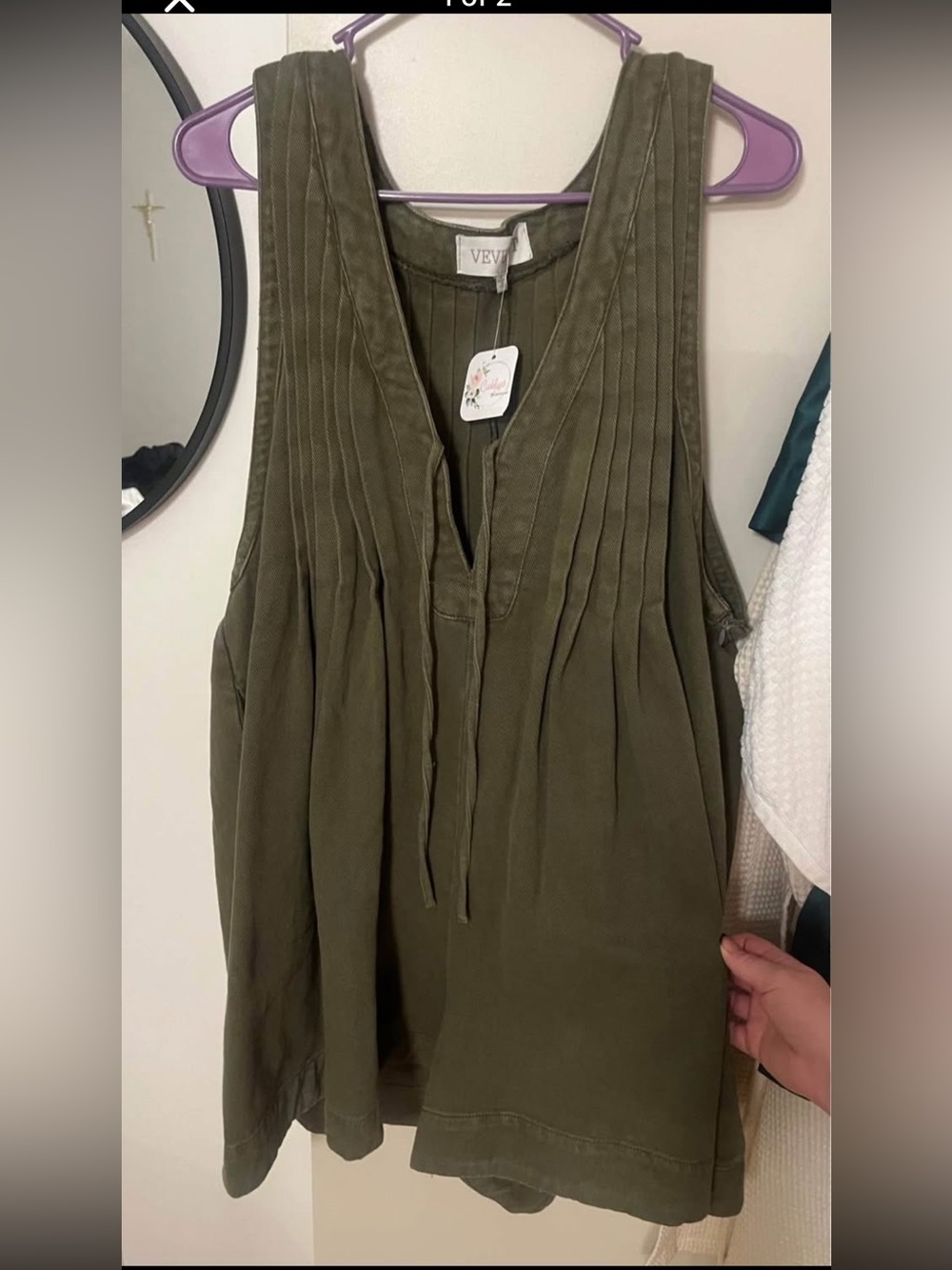 Vevina Olive Sleeveless Pleated V-Neck Romper